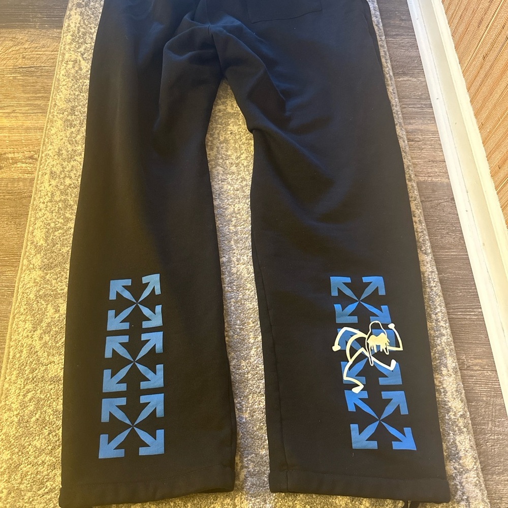 Off-White Black and Blue Sweatpants with Geometric Patterns